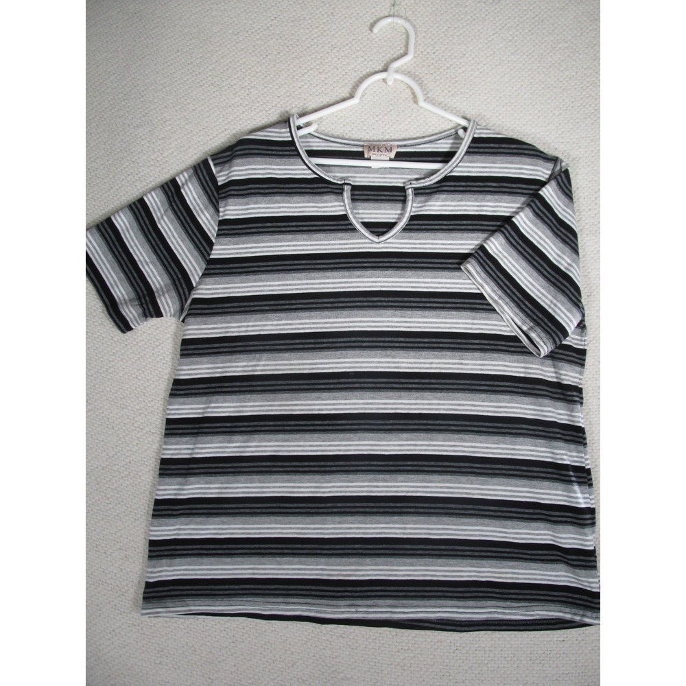 VTG MKM Designs Womens Size 1X Striped Shirt‎ Made in USA Gray Black Plus